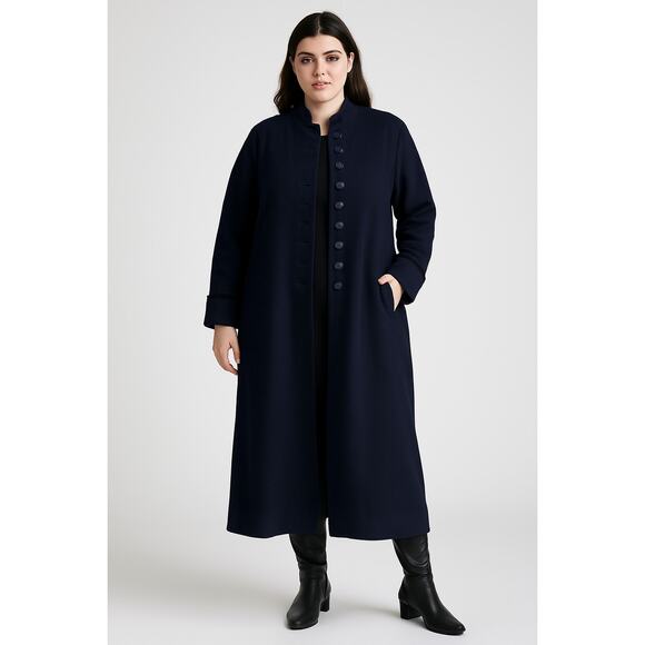 Hervé Benard 22W navy blue Wool Long Coat Women Plus Classic Winter Overcoat VTG - Picture 1 of 9
